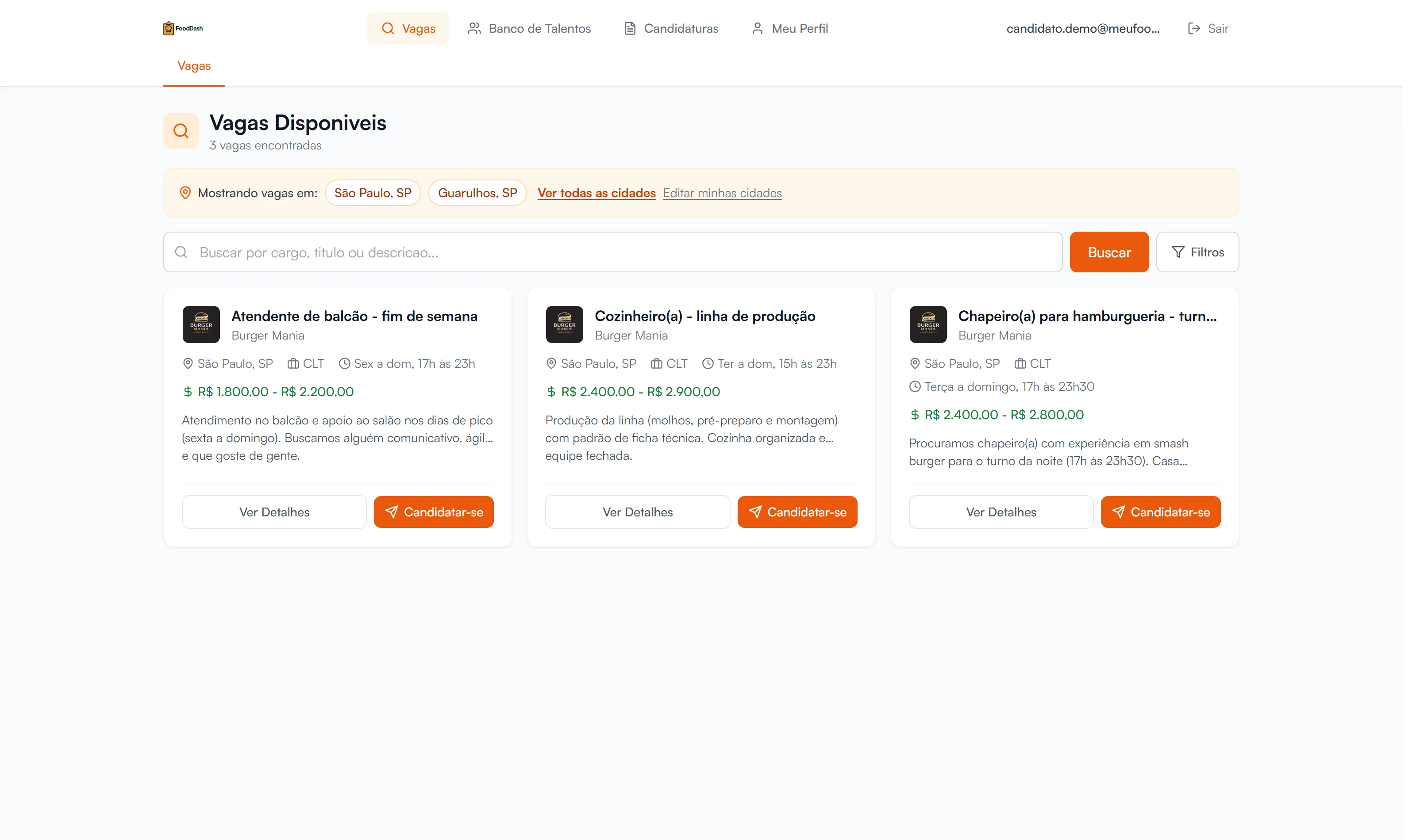 Busca de vagas do FoodDash mostrando vagas nas cidades escolhidas pelo candidato