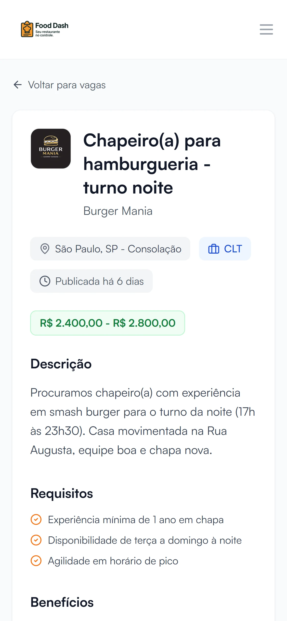 Página pública da vaga no celular, com salário, descrição e requisitos, como o candidato vê